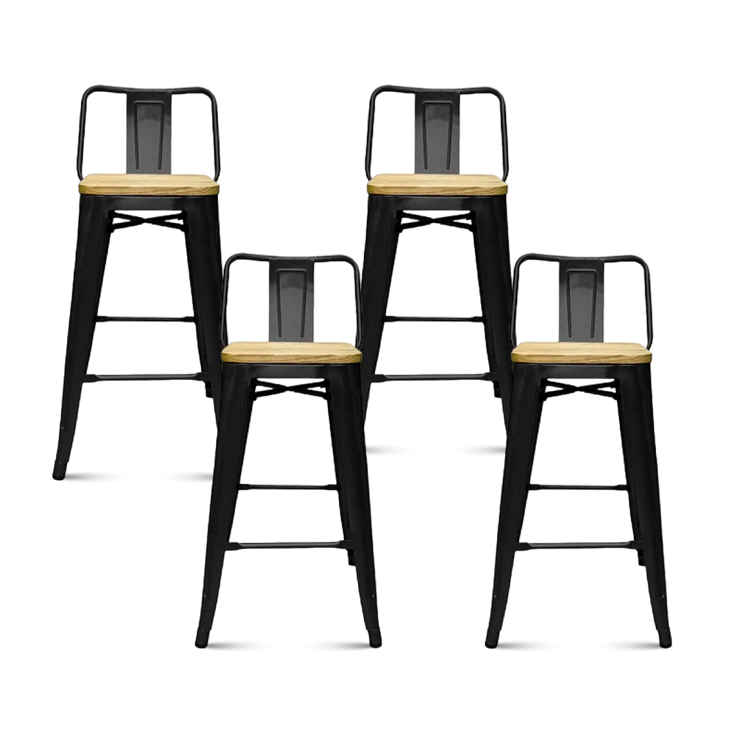 Klik Muebles - Pack De 4 Taburetes Tolix Con Asiento De Madera Clara - Negros