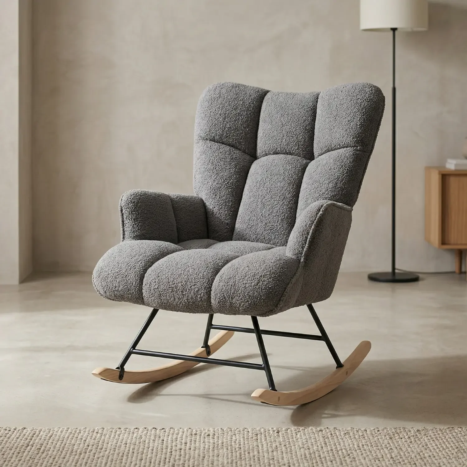 Genérico - Silla Mecedora Moderna Bouclé Gris Acolchada Para Living