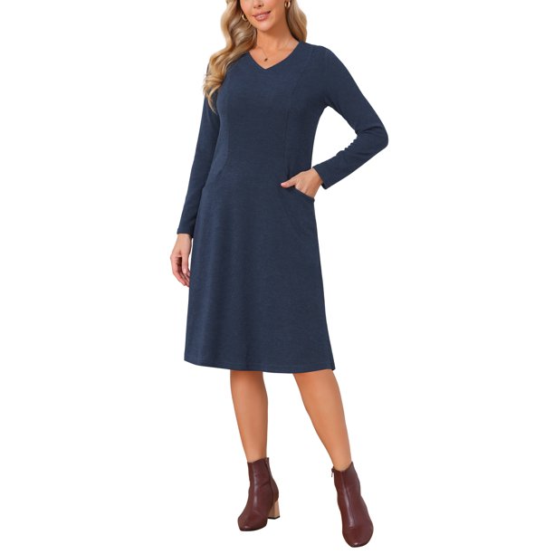 INSPIRE CHIC Vestido de Punto para Mujer Otoño Invierno Manga Larga Suelto Cuello en V Jersey A-Line Midi con Bolsillos L Azul Oscuro