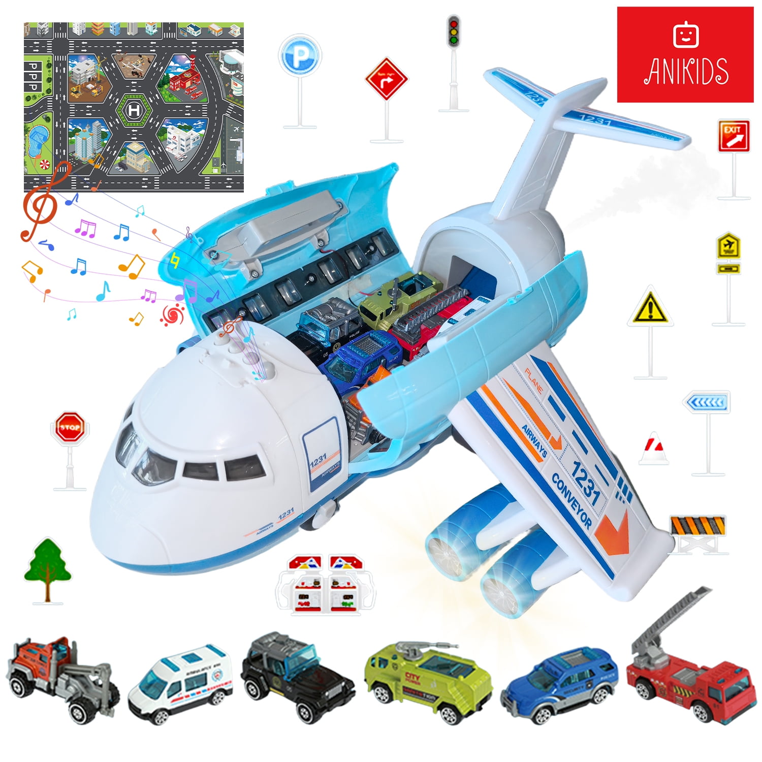 Avion Transportador Con 6 Auto Luz Sonido Vapor Juguete Niño Anikids Azul