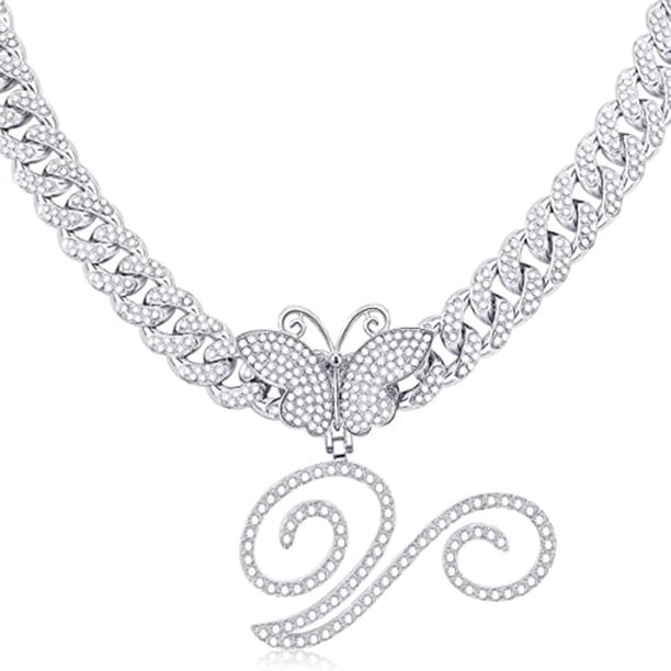 Stylish Hip Hop Cuban Butterfly Necklace with White Letter Initials