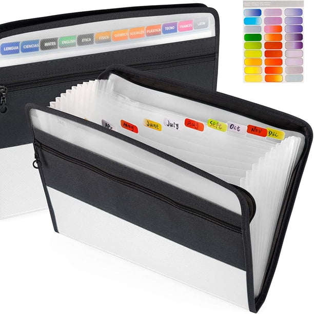 Get Organized with our Expanding File Folder! 13 Pocket Accordion Document Organizer with Sticky Labels, Fabric/Poly Material, Zipper Closure, and Front Pocket for Letter A4 Paper