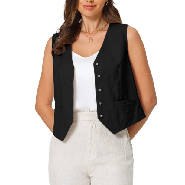 INSPIRE CHIC Chaleco de Lino sin Mangas para Mujer con Botones, Escote en V, Formal para Trabajo, Talla L, Negro