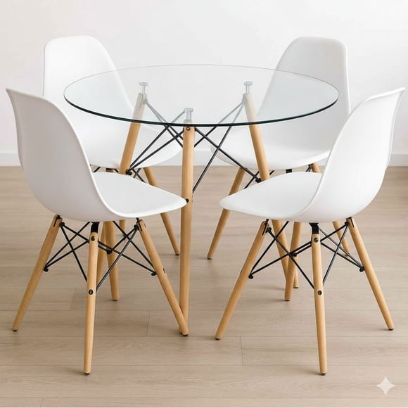 Comedor Mesa Eames Vidrio 80 cm + 4 Sillas Eames Blancas