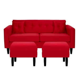 Bodevir - Sofa New Retro 3C + 2 Pouf Felpa 00 Rojo