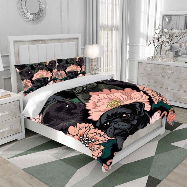 3pcs Black Pugs & Blooming Flowers Warm Artistic Illustration Theme Pattern Bedding Set Duvet Cover and Pillowcases