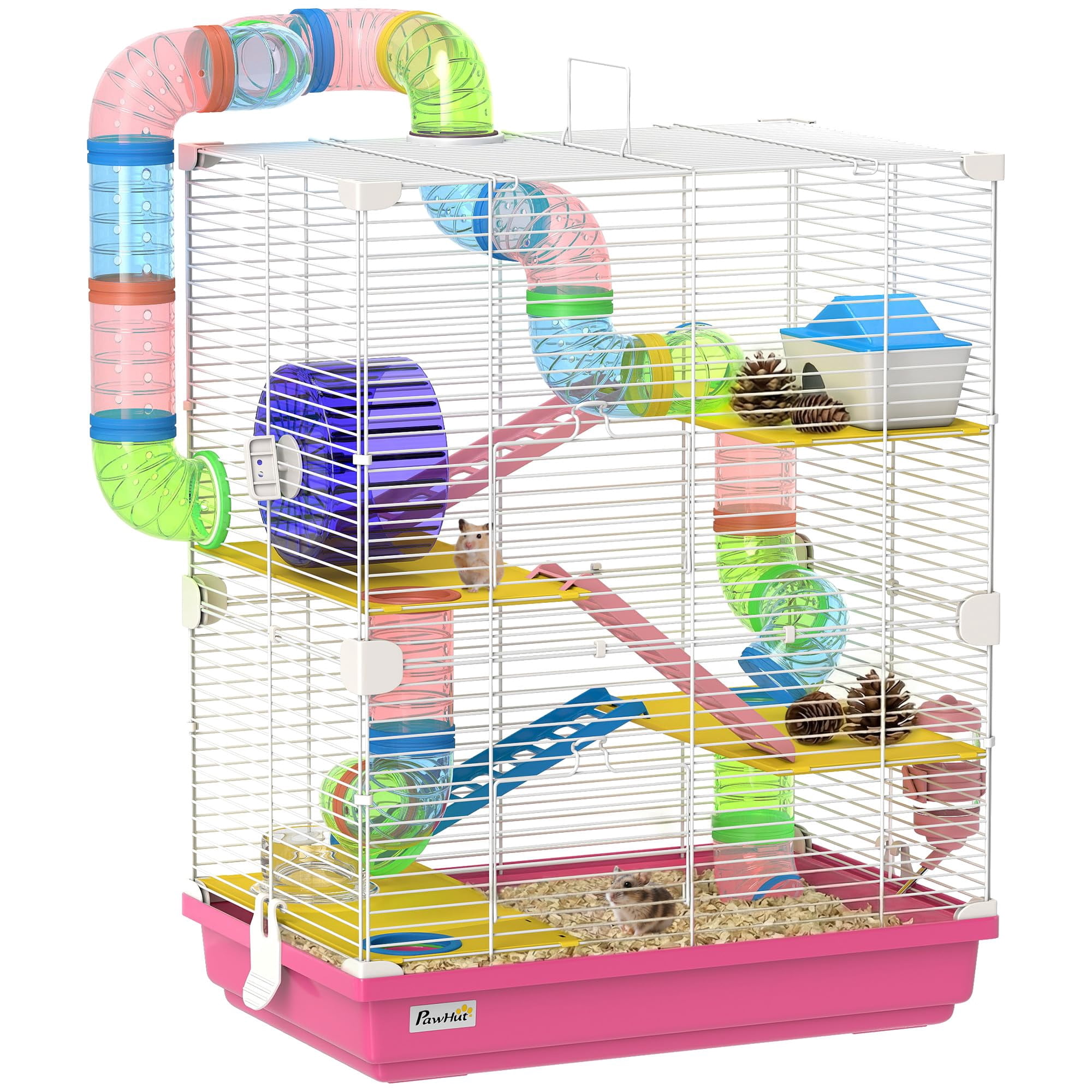 Jaula para hámster PawHut 46 cm, 5 niveles con tubos, rosa y blanco
