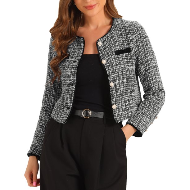 INSPIRE CHIC Traje de Maestra para el Regreso a Clases de Mujer, Chaqueta de Tweed de Manga Larga con Cuello Redondo y Cierre Frontal de Botones, Talla L, Negro-Blanco