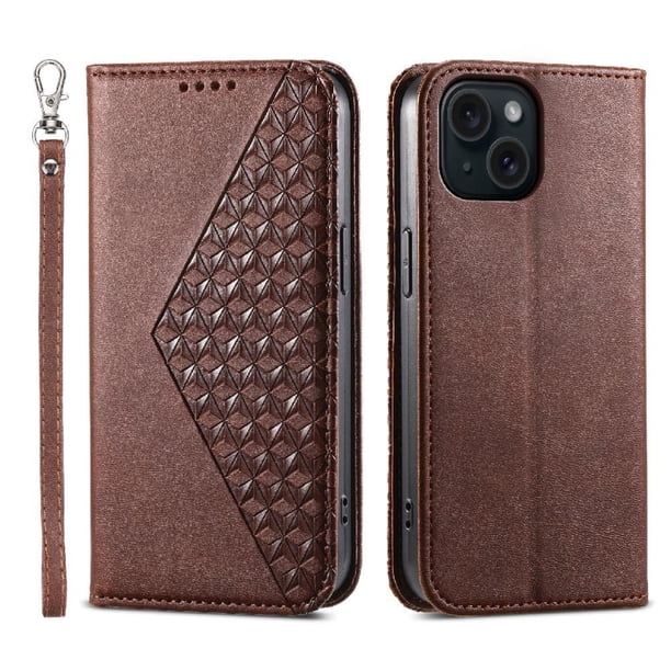 Funda Flip FOXDOCK para iPhone 15 , Estilo Billetera con Diseño Rombo, Correa de Mano y Soporte, Uso Diario