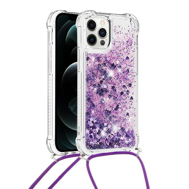 Funda FOXDOCK para iPhone 12 Pro con Cuerda Ajustable, Brillo Líquido, Protección Antigolpes y Lente – Ideal para Regalo