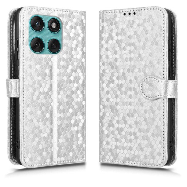Funda Cartera Lunares Motorola Edge 5G 2025 con Tarjetero, Correa y Soporte Plata
