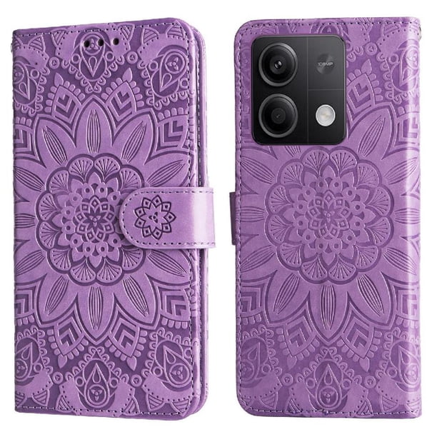 Funda tipo cartera FOXDOCK para Xiaomi Redmi Note 13 5G , diseño girasol en relieve, cuero PU, cierre magnético, soporte y tarjetero
