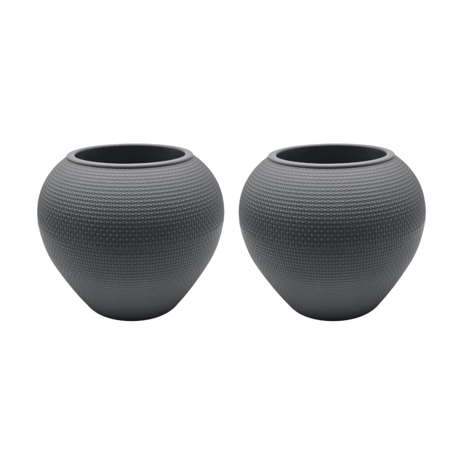 Fliperex - Set 2 Maceteros Plastico Redondo Ovalado Moderno Textura L Gris