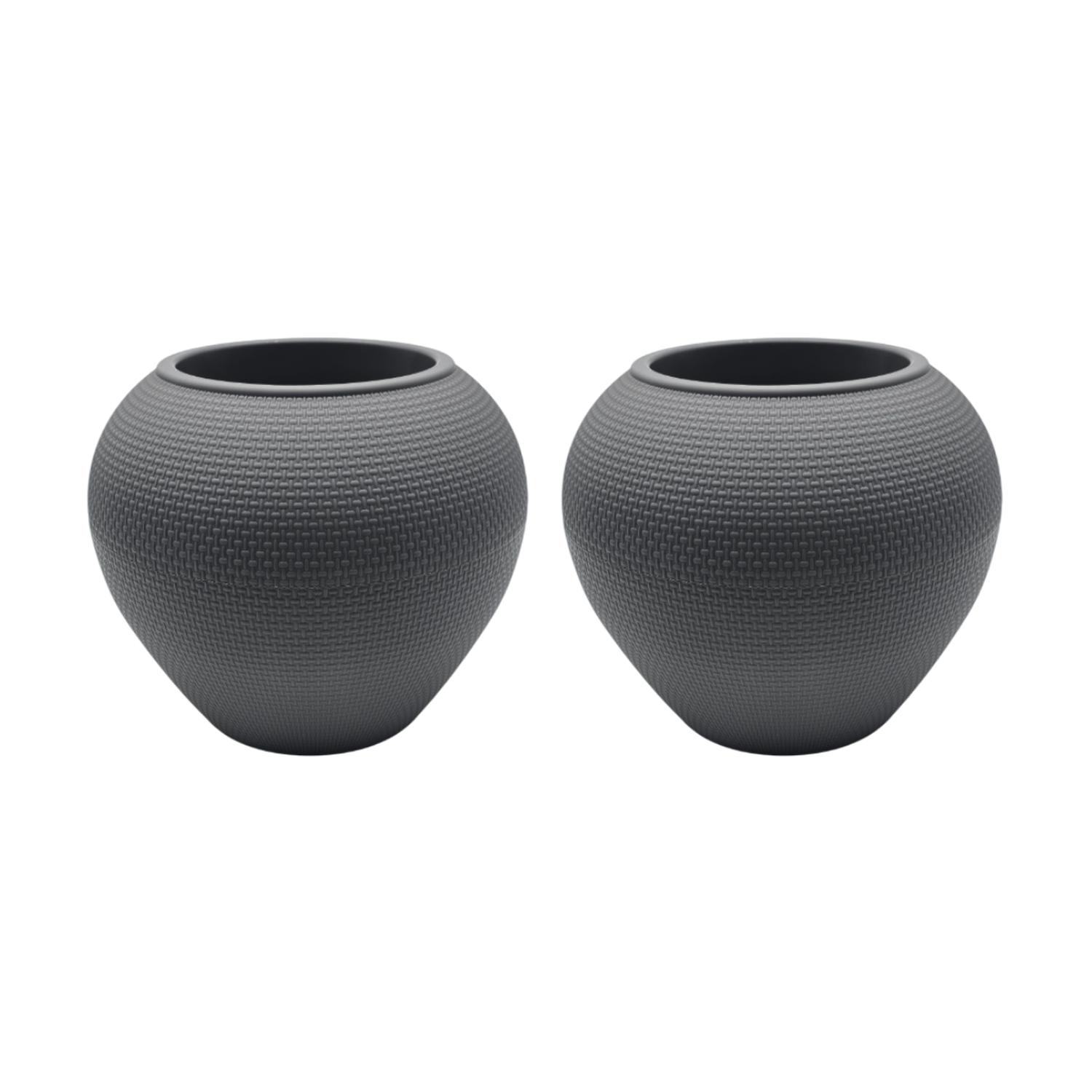 Fliperex - Set 2 Maceteros Plastico Redondo Ovalado Moderno Textura L Gris
