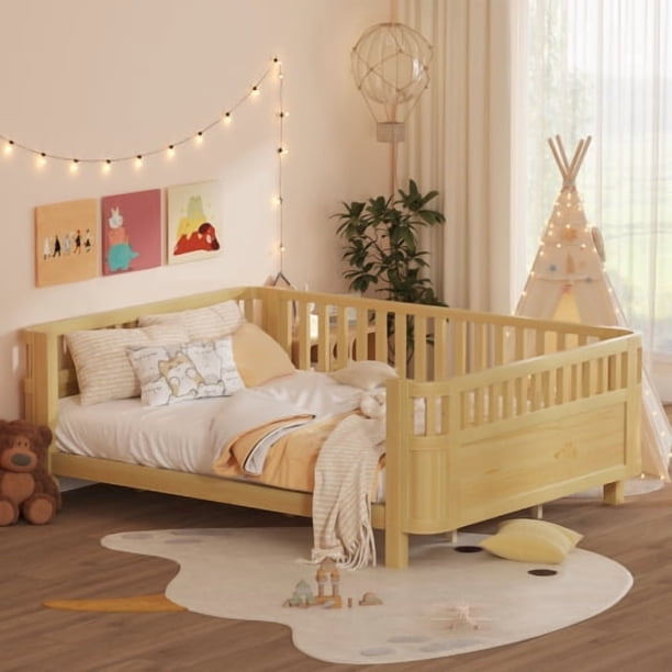 Cama de plataforma de madera de tamaño queen, cama queen de perfil bajo de madera con rieles para niñas y niños