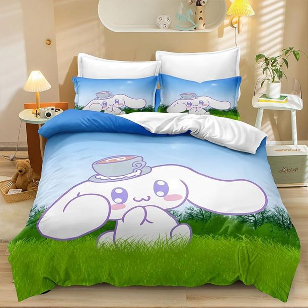 Cartoon 3 Piece Bedding Set CIN-namoroll Anime Comforter Set Cute Duvet Cover Sets Super Soft Girls Bedding Set Kids Bedroom Gifts