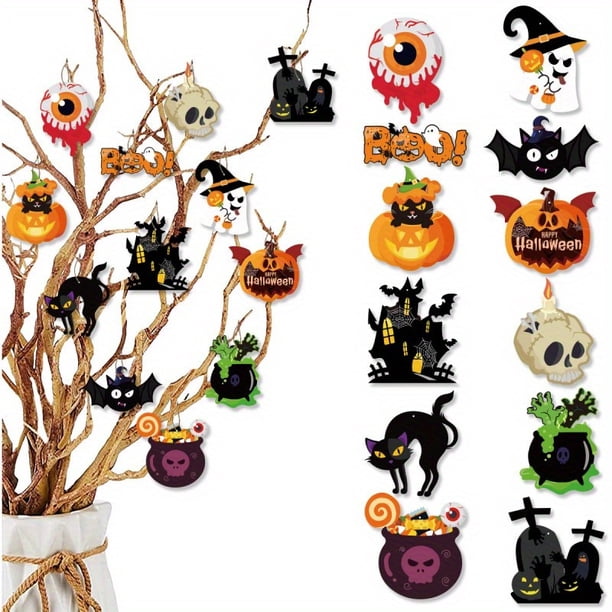 12pcs Spooky Halloween Decorations - Hanging Pumpkin Skull Ornaments for Haunted House Party Pack of 12