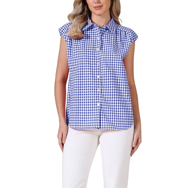 INSPIRE CHIC Top de Gingham para Mujeres Trabajo Manga Corta Vintage Cuadros Camisa Abotonada S Azul