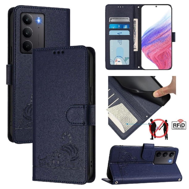 Funda tipo cartera FOXDOCK para Realme C75 4G con soporte, ranuras, RFID, diseño de gato