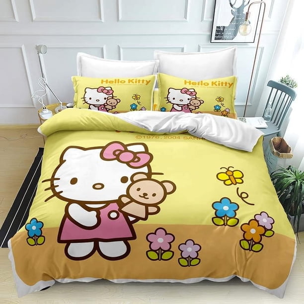 Printed Duvet Quilt Cover Hello Bedding Bed Set Kitty Soft Comforter Microfiber with Zipper Closure Great Match with Any Home Decor