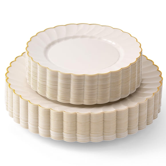 Platos De Plástico De Madee Premium Ivory Con Borde Dorado 60 Unidades