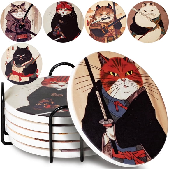Juego de 6 gatos anime Coasters Straight Coastin Ninja Cat con soporte