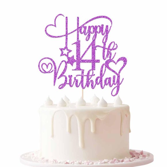 Adorno para pastel Keoysek 16 cm púrpura con brillo – 14.º cumpleaños