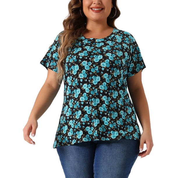 Agnes Orinda Blusas de Talla Grande para Mujeres Estampado Floral Manga Corta Cuello Redondo Camiseta Básica Casual Suelta 3X Azul
