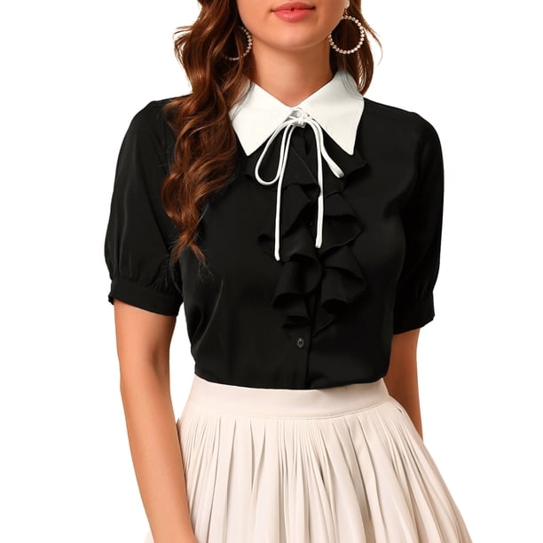 Camisa de Trabajo de Manga Corta con Botones y Volantes en la Parte Delantera con Cuello en Contraste para Mujer de INSPIRE CHIC S Negro