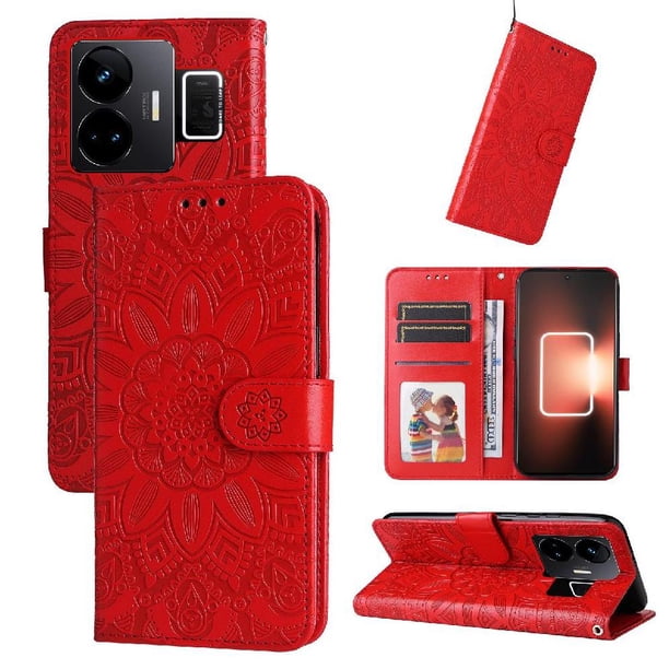 Funda tipo cartera FOXDOCK para Realme GT Neo 5 , diseño girasol en relieve, cuero PU, cierre magnético, soporte y tarjetero