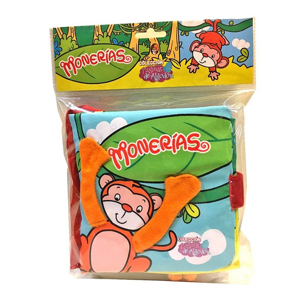 Zig-zag - Libro Páginas De Algodón - Monerías / 8 Páginas De Tela De 16,5 X 15,5 Cm. Tapa De Tela Incluye Elementos Interactivos: Papel Celofán Que Hace Ruido, Chifle, Solapas Y Cinta Para Colgarlo.