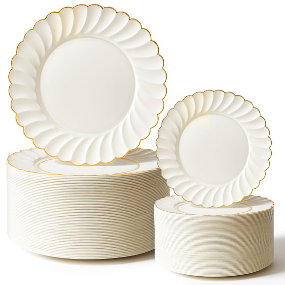Platos de plástico Stock Your Home Elegant, color marfil y dorado, paquete de 60