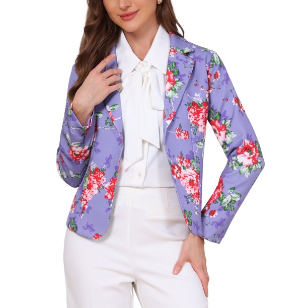 INSPIRE CHIC Chaqueta de Traje de Trabajo Abierta con Estampado de Solapa de Muesca Ajustada para Mujer, Conjunto de Regreso a Clases para Maestras XL Lila Floral