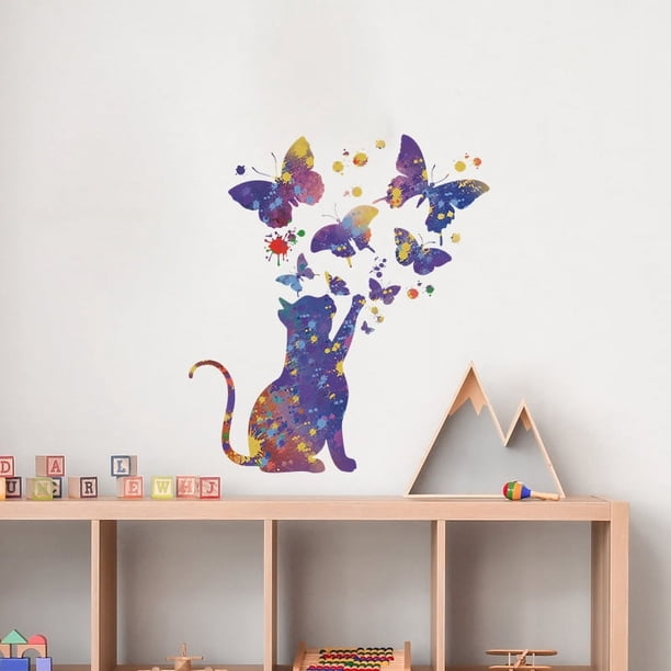 1pc Cartoon Wall Decal, Dreamy Starry Sky Cat Butterfly Wall Stickers, Removable PVC Wall Stickers For Kid's Bedroom Living Room Backdrop, Home Decor
