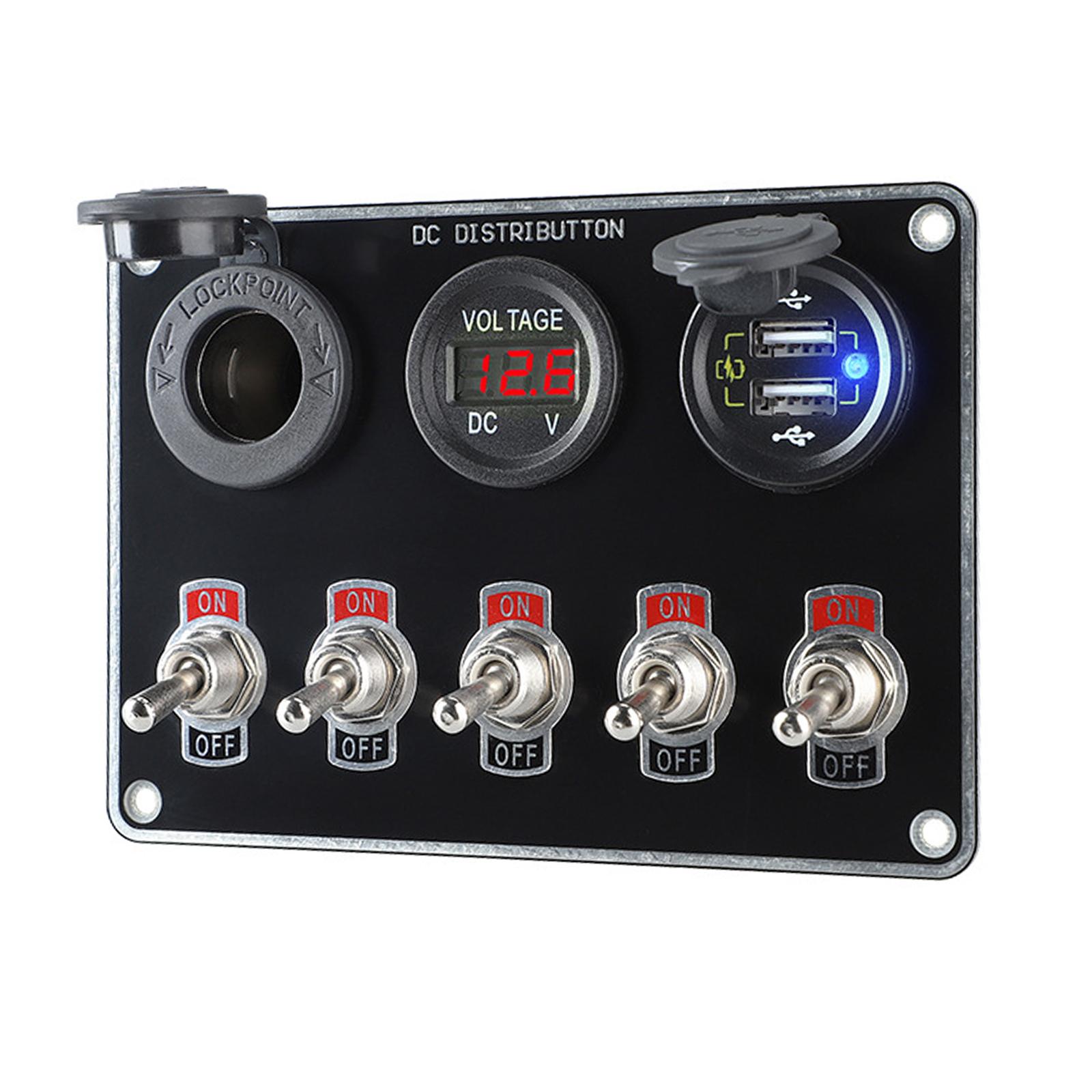 Magideal - Panel De Interruptor De Barco De 5 Bandas Para Coche, Control De Circuito, Voltímetro Digital, Usb Dual, Universal, 12V/24V, Multifunción, Luz Roja