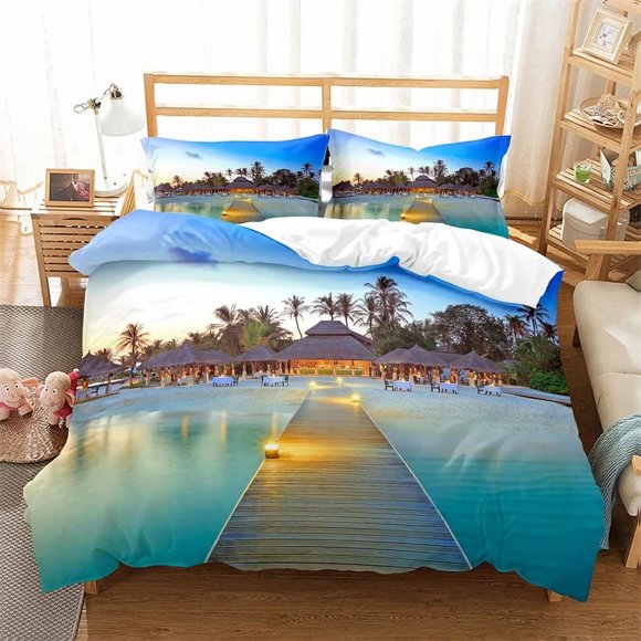 x2173 Bed SheetsTropical Island Full Duvet Cover Ocean Scenery Bedding Set Hawaii Sea Quilt Cover /Polyester Comforter Cover 3-Piece Bedding Set (1 Duvet Cover + 2 Pillow Shams) nj2173