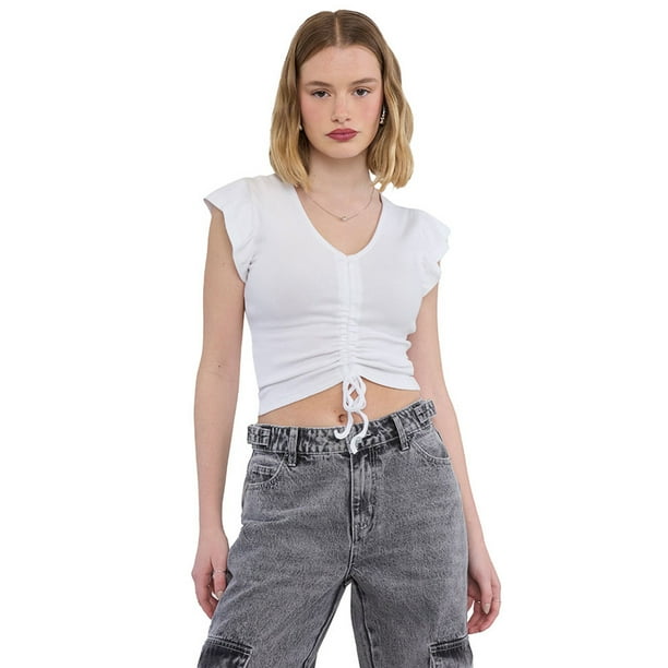 Polera Mujer Manga Corta Recogido Blanco Corona