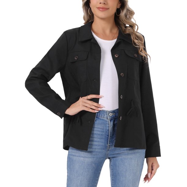 INSPIRE CHIC Chaqueta de Lino para Mujer con Botones, Cintura con Cordón, Ligera, Primavera, Anorak de Utilidad 2026 XS Negro