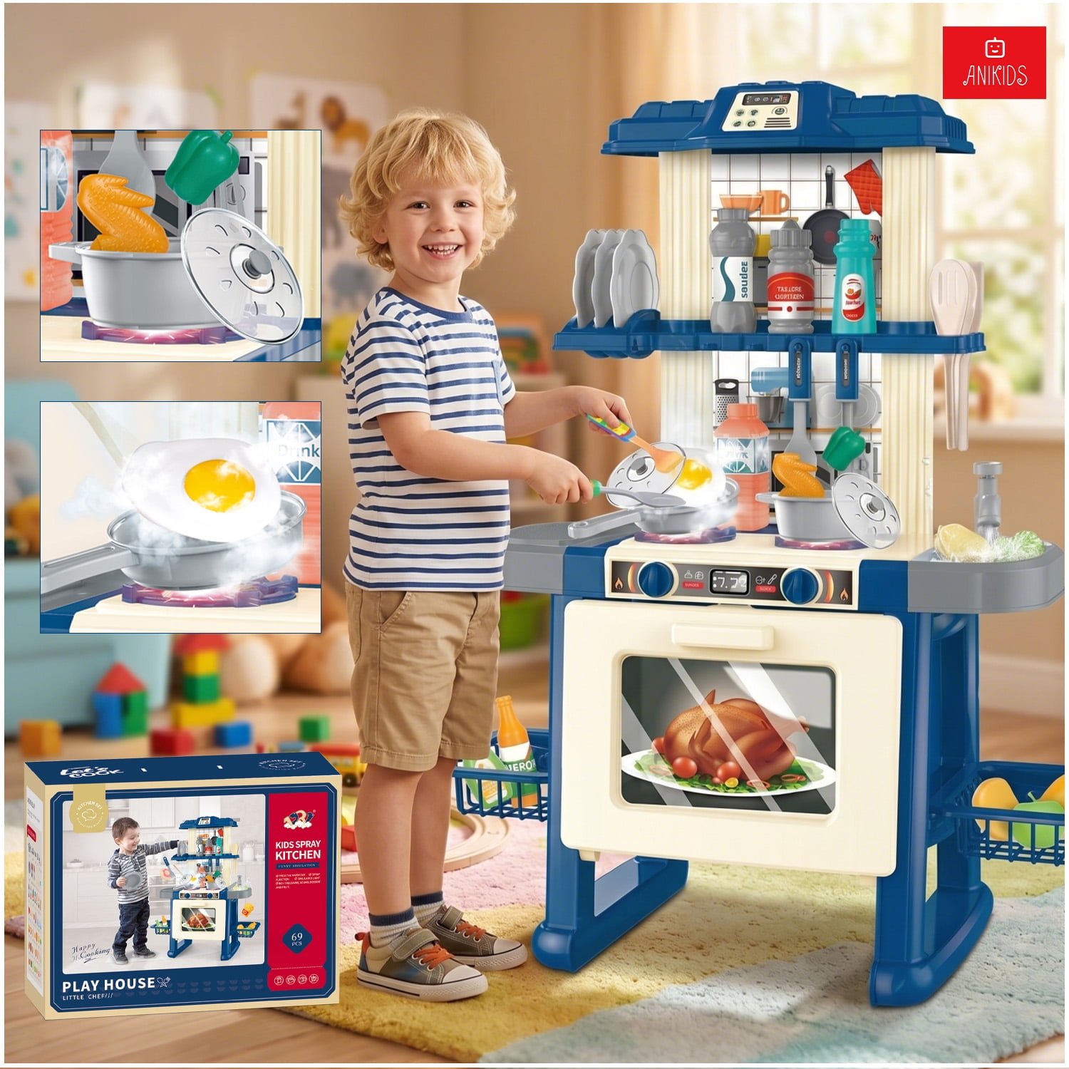 Anikids - Cocina De Juguete Grande 69pcs Niños Luz Sonido 71cm Azul