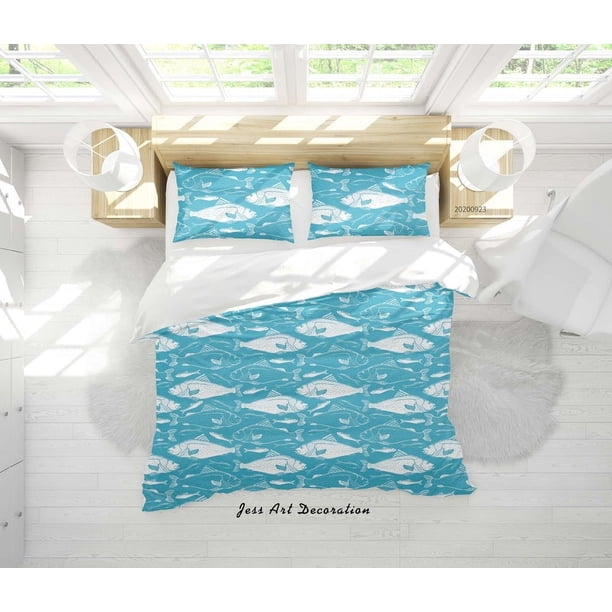 3D Animales Acuáticos Peces Patrón Funda de edredón Juego de Ropa de Cama Funda Nórdica