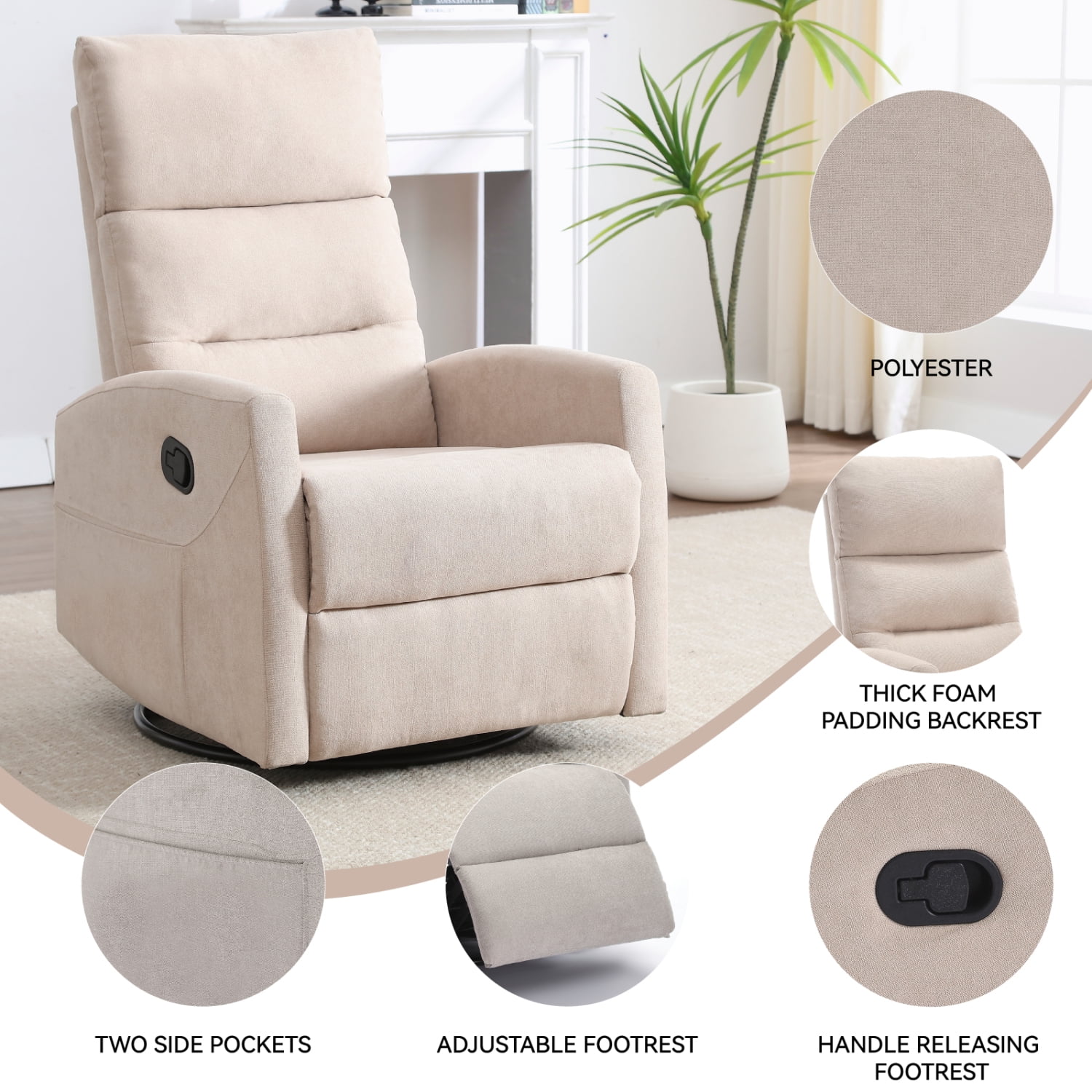 M&ms - Manual Recliner Chair With Rocker And Swivel In Fabric For Living Room, Beige