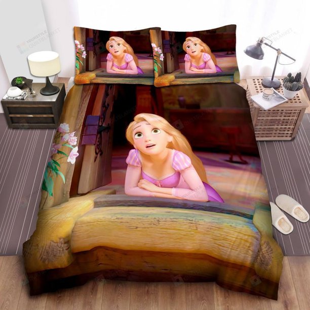 Disney Princess Rapunzel Cute Day-dreaming Face Quilt Duvet Cover Set3-Piece Bedding Set