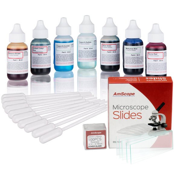 Kit de tinción Microscope Vital para células vivas AmScope con portaobjetos