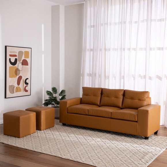 Sofá 3 cuerpos + 2 Pouf Lucca PU Camel