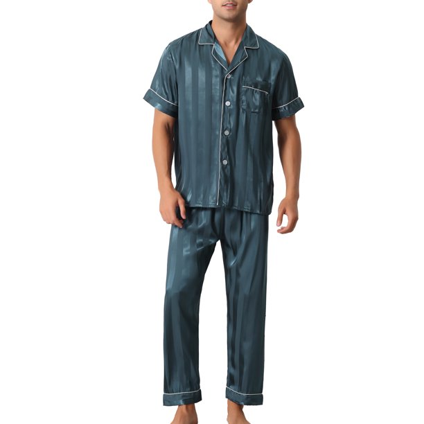 INSPIRE CHIC Conjunto de Pijama de Satén a Rayas de 2 Piezas para Hombre con Camisa de Manga Corta y Pantalones Largos XL Azul