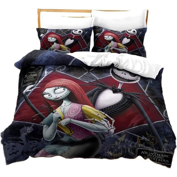 Nightmare Before Christmas Duvet Cover Sets Jack and Sally Valentine's Day Rose Decor 100% Microfibe Bedding Set with Pillow Shams