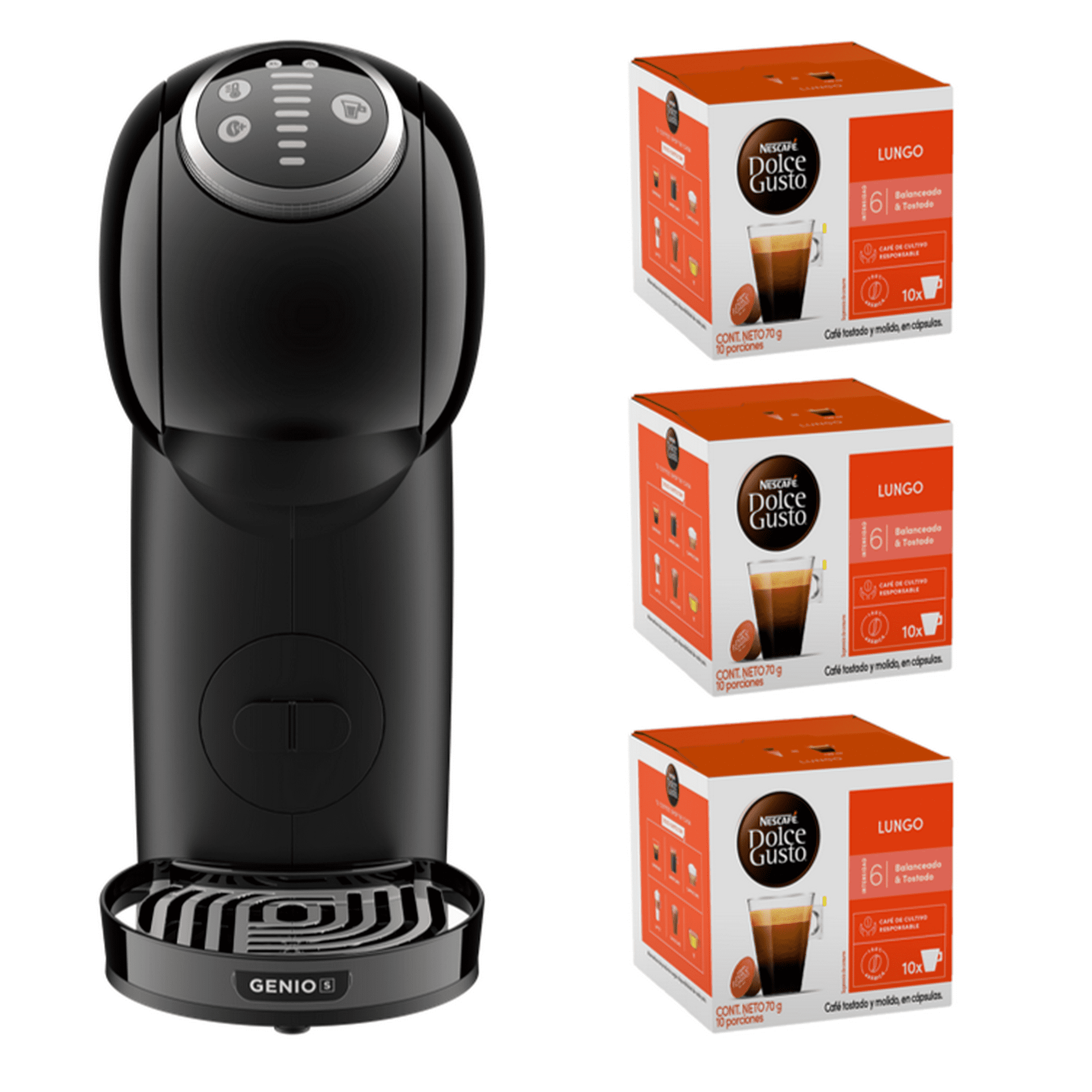 Dolce Gusto - Cafetera Genio S Plus Black + Cápsulas Lungo X3 Cajas