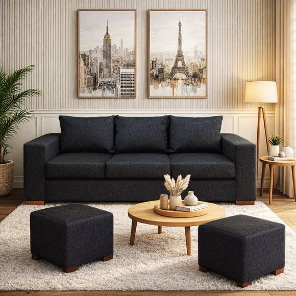 Living Cedric 3 cuerpos + 2 Pouf Marengo