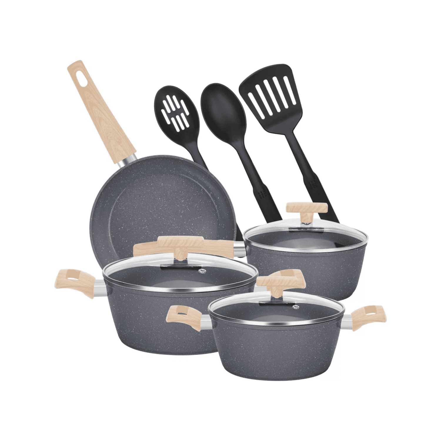 Importclick - Juego Batería 10 Piezas Cocina Granito Menaje Antiadherente Pmm Negro