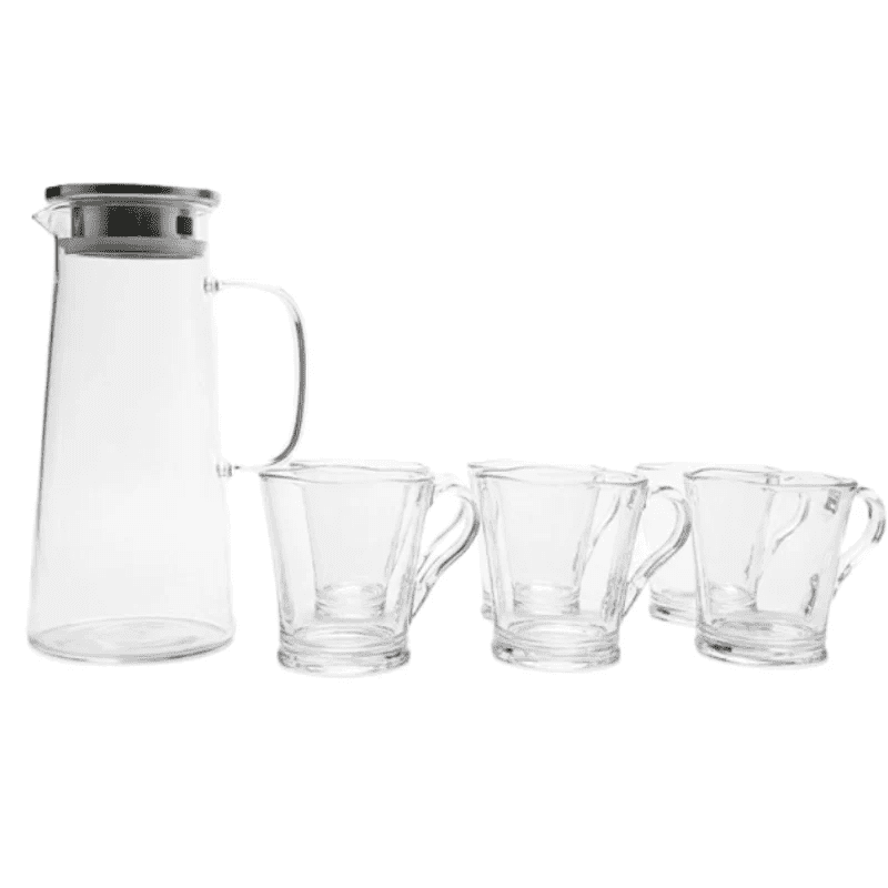 Wakeshome - Juego De Jarra De Vidrio Elegante Con Tapa De Acero Inoxidable Y 6 Tazas Con Asa